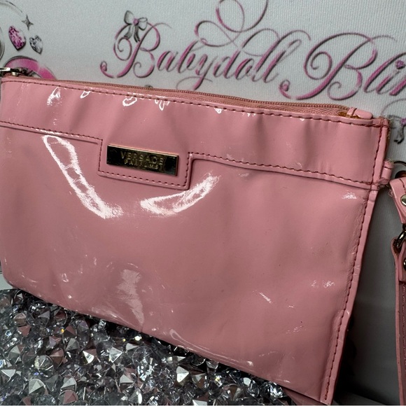 Versace clutch bag parfum zipper handle shiny pink silver logo purse wallet bag - Picture 2 of 10